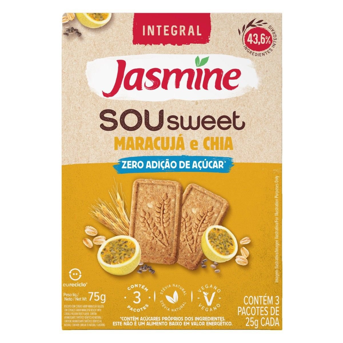 Biscoito Com Cereais Jasmine Zero Açúcar Sou Sweet Maracujá & Chia